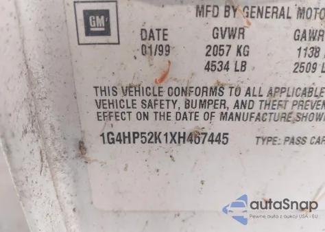 1999 Buick Lesabre Custom z USA, uszkodzony, nr VIN 1G4HP52K1XH467445